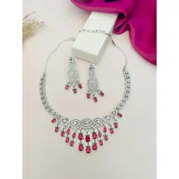 Abdesigns Silver Cubic Zirconia American Diamond Necklace & Earring Set-picture-42