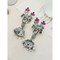 ABDESIGNS Silver-Plated Artificial Beads and Stones Dome Shaped Jhumkas Earrings-picture-12