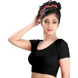 Cotton Readymade Saree Blouse for Women- Half Net Sleeves, Round Neck, Regular-fit, Stretchable, Pull-on Style Blouse-image-5
