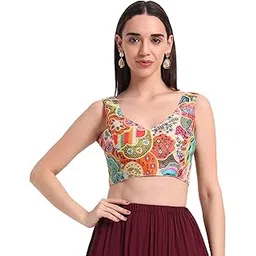 Women's Multicolor Sleeveless Art Silk Printed Ethnic V Shaped Neck Both Side Blouse for Women Trending-image-2
