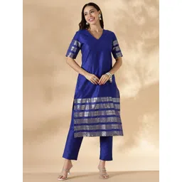 Abhishti Women Blue Kurta Pant Set with Brocade Detail-picture-39