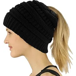 abitoncc LEECCO Chic Black Knit Hat Cable Beanie Stretch Chunky Winter Bun Ponytail Beanie Tail Womens Ponytail Messy Bun Beanie Solid Ribbed Hat Cap for Women Girls-picture-27