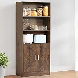 ABOUT SPACE 5 ft Kitchen Cabinet - 5 Tier Wooden Storage Cabinet with 3 Open Shelves & 2 Magnetic Door Crockery Cabinets, Easy to Assemble for Home Living Room (Walnut - L 57 x B 25.5 x H 158 cm)-picture-22