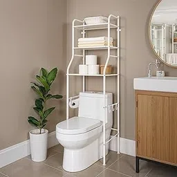 ABOUT SPACE Over The Toilet Storage Rack - 3 Open Shelves with Hooks, Tissue Holder - Toilet Shelf for Bathroom Organiser Without Drill for Shampoo, Towels - (White - L 46.5 x B 25.5 x H 154.5 cm)-image-14