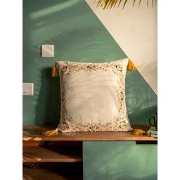 ABSTRACT INDIA Beige Cotton Floral Embroidery Square Cushion Covers-picture-30