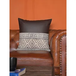 ABSTRACT INDIA Coffee Brown & Beige Cotton Printed With Vegan Leather Square Cushion Cover-picture-11