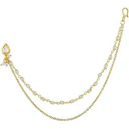 accessher Gold Plated Traditional Vilandi Kundan Embedded Drop Shape Delicate Non-Piercing Clip On Nose Ring with Multilayer Pearl Chain for Women Pack of 1-picture-55