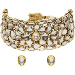 accessher Gold Plated Traditional Vilandi Kundan Embellished Statement Choker Necklace Set with Stud Earrings and Adjustable Dori for Women and Girls Pack of 1-picture-12