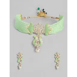 AccessHer Mint Green & White Gold-Plated Kundan-Studded & Beaded Jewellery Set-image-4