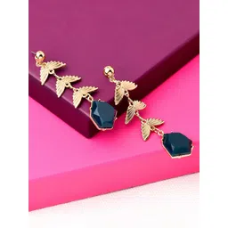 Accessorize London Navy Blue & Gold -Toned Leaf Shaped Drop Earrings-picture-40