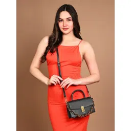 Accessorize London Black Faux Leather Solid Satchel Handbag-picture-22