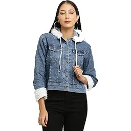 ACEOLA Women's Blue Washed Full Sleeves Buttoned Denim Cropped Jacket with Collar Sleeves Fur.-picture-29