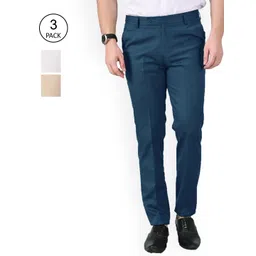 AD & AV Men Blue & Khaki Set Of 3 Classic Easy Wash Formal Trousers-image-5