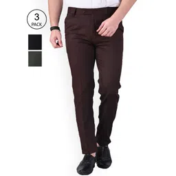 AD & AV Men Coffee Brown & Green Classic Easy Wash Formal Trousers Pack Of 3-image-29