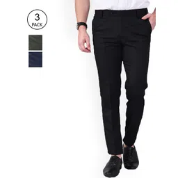 AD & AV Men Pack of 3 Black & Blue Classic Easy Wash Formal Trousers-image-27
