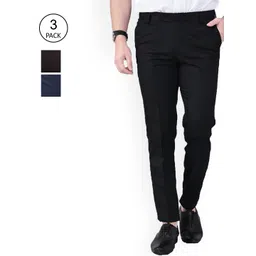 AD & AV Men Set Of 3 Black Classic Regular Fit Easy Wash Solid Trousers-image-48