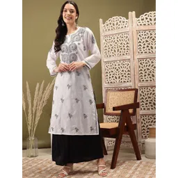 ADA Ethnic Motifs Embroidered Notch Neck Cotton Chikankari Straight Kurta-picture-24