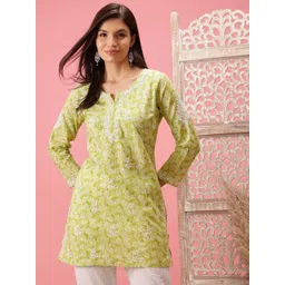 ADA Green & White Ethnic Motifs Embroidered Chikankari Handloom Kurti-picture-15