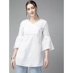 ADA White Ethnic Motifs Embroidered V-Neck Flared Sleeves Chikankari Angrakha Handloom Kurti-picture-40