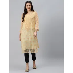ADA Women Beige & Black Ethnic Motifs Embroidered Chikankari Handloom Kurta with Trousers & Inner-picture-16