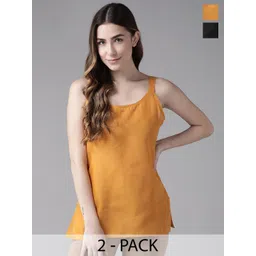 ADA Women Black & Mustard Pack of 2 Solid CottonHandloom Camisoles-picture-27