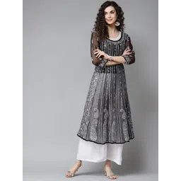 ADA Women Black & White Ethnic Motifs Chikankari Embroidered Georgette Handloom Kurta-picture-33