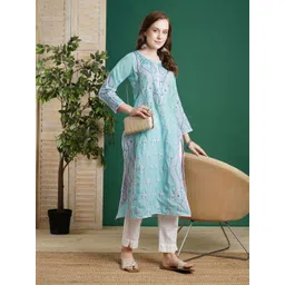 ADA Women Blue & Pink Chikankari Embroidered Straight Sustainable Kurta-picture-38