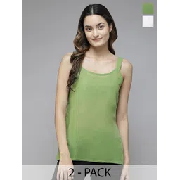 ADA Women Dark Green & White Pack of 2 Cotton Solid ShortHandloom Camisoles-picture-23