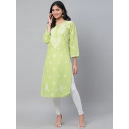 ADA Women Green & White Chikankari Hand Embroidered Straight Sustainable Handloom Kurta-picture-38