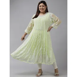 ADA Women Lime Green & White Ethnic Motifs Plus Size Chikankari Georgette Anarkali Kurta-picture-24