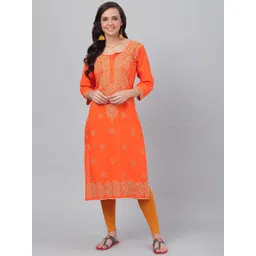 ADA Women Orange & Beige Paisley Chikankari Hand-Embroidered Straight Sustainable Handloom Kurta-picture-19