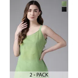 ADA Women Pack of 2 Black & Green Solid Cotton Handloom Camisoles-picture-17