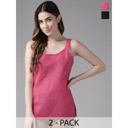 ada Women Pack of 2 Black & Pink Solid Non-Padded CottonHandloom Camisole-picture-21