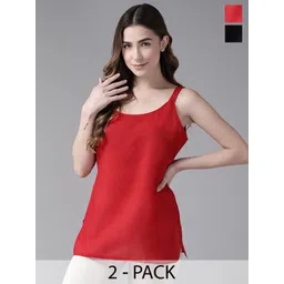 ADA Women Pack Of 2 Black & Red Solid Cotton Handloom Camisoles-picture-18