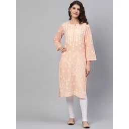 ADA Women Peach-Coloured & White Chikankari Embroidered Cotton Straight Sustainable Kurta-picture-40