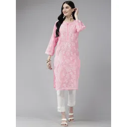 ADA Women Pink & White Ethnic Motifs Embroidered Chikankari Cotton Kurta-picture-12