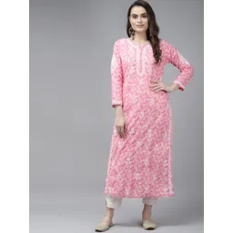 ADA Women Pink & White Floral Chikankari Cotton Handloom Kurta image 1