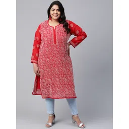 Ada Women Plus Size Red & White Ethnic Motifs Embroidered Chikankari Handloom Kurta-picture-30