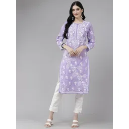 ADA Women Purple & White Ethnic Motifs Embroidered Chikankari Cotton Kurta-picture-33
