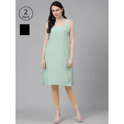 ADA Women Sea Green & Black Pack of 2 Pure Cotton Solid Sustainable Handloom Slips-picture-37