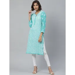 ADA Women Sea Green & White Floral Chikankari Embroidered Straight Sustainable Handloom Kurta-picture-35