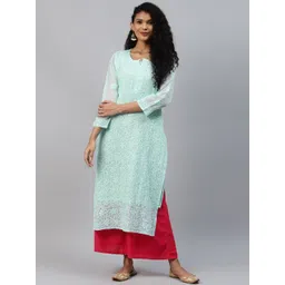 ADA Women Sea Green Chikankari Hand Embroidered Straight Kota Handloom Kurta With Matching Slip-picture-20