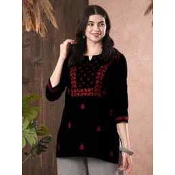 ADA Women Sustainable Plus Size Black & Red Chikankari Hand Embroidered Straight Kurti-picture-23