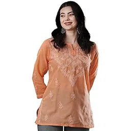 Lucknowi Hand Embroidery Regular Fit Chikan Work Cotton Top Tunic Kurti for Women A510184 (M, Peach)-image-2