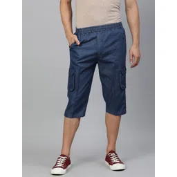 ADBUCKS Men Navy Blue Solid Pure Cotton Denim 3/4th Cargo Shorts-picture-36