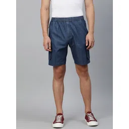 ADBUCKS Men Navy Blue Solid Pure Cotton Denim Cargo Shorts-picture-17