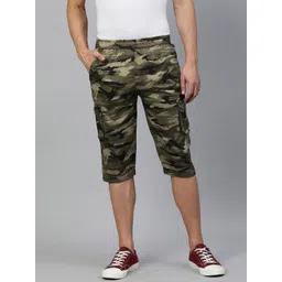ADBUCKS Men Olive Green & Beige Camouflage Printed Pure Cotton 3/4th Cargo Shorts-picture-28