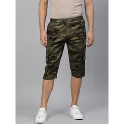 ADBUCKS Men Olive Green & Brown Camouflage Printed Pure Cotton 3/4th Cargo Shorts-picture-27