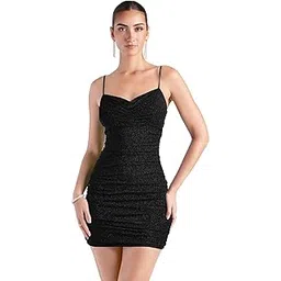 addyvero V-Neck Full Gather Shoulder Straps Sleeve Lurex Gliter Solid Mini-Length Hem Women Bodycon Dress-picture-53