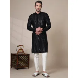 ADHIRAJAN Men Sequinned Embroidered Regular Pure Cotton Kurta with Pyjamas-picture-35